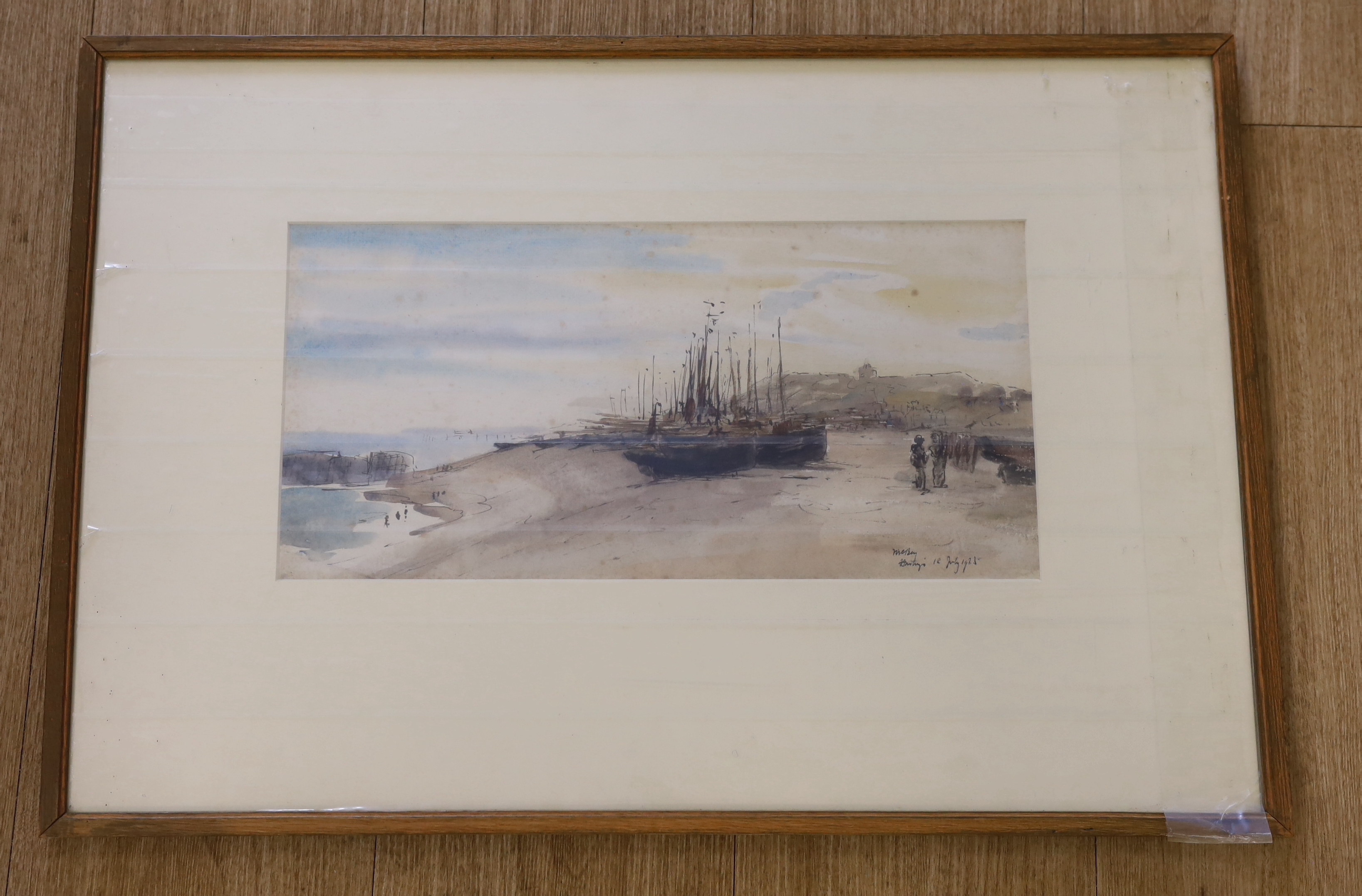 James McBey (1883-1959), ink and watercolour, Hastings, signed and dated 1925, 18.5 x 38.5cm